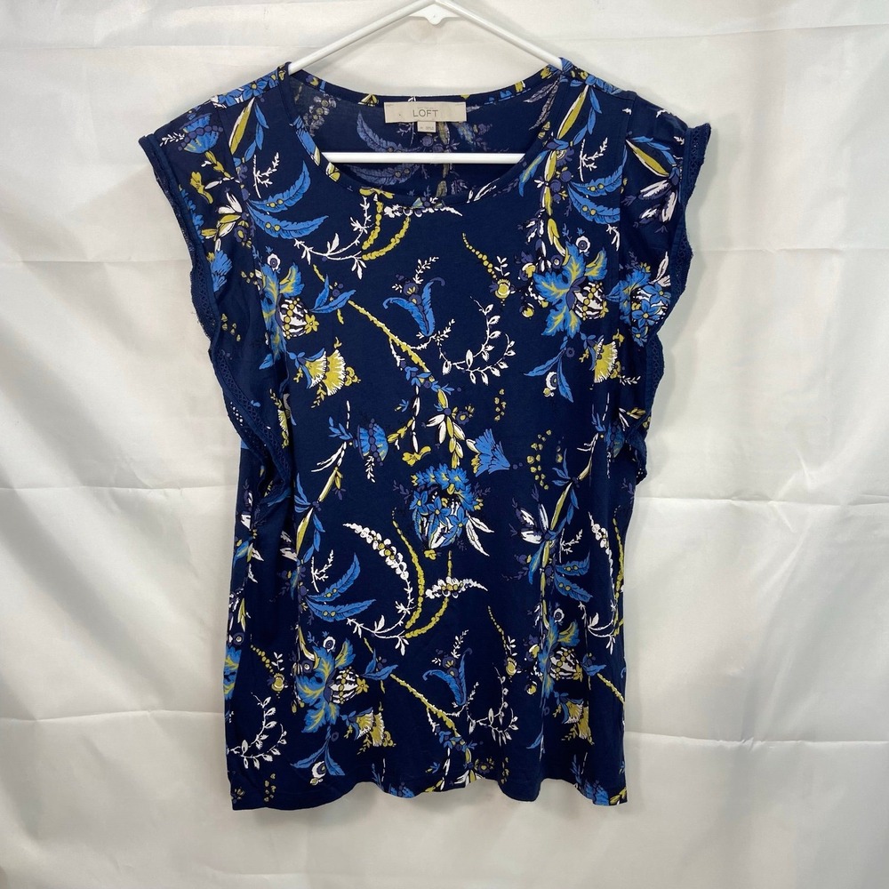 Ann Taylor LOFT women's blue floral crocheted loose sleeve relaxed scoop blouse